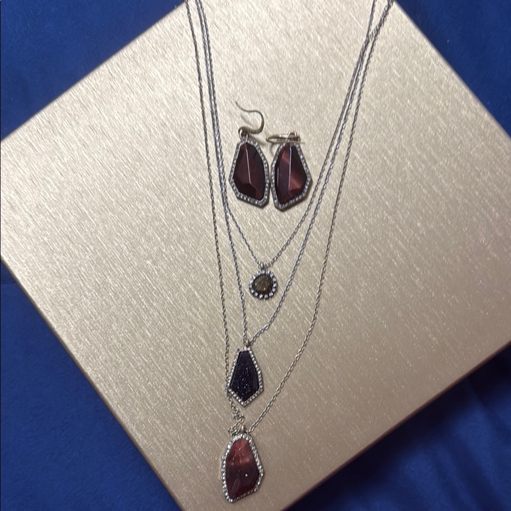 Chloe + Isabel Rebel Red Tiger Eye Drop Layered Necklace + Earrings.
